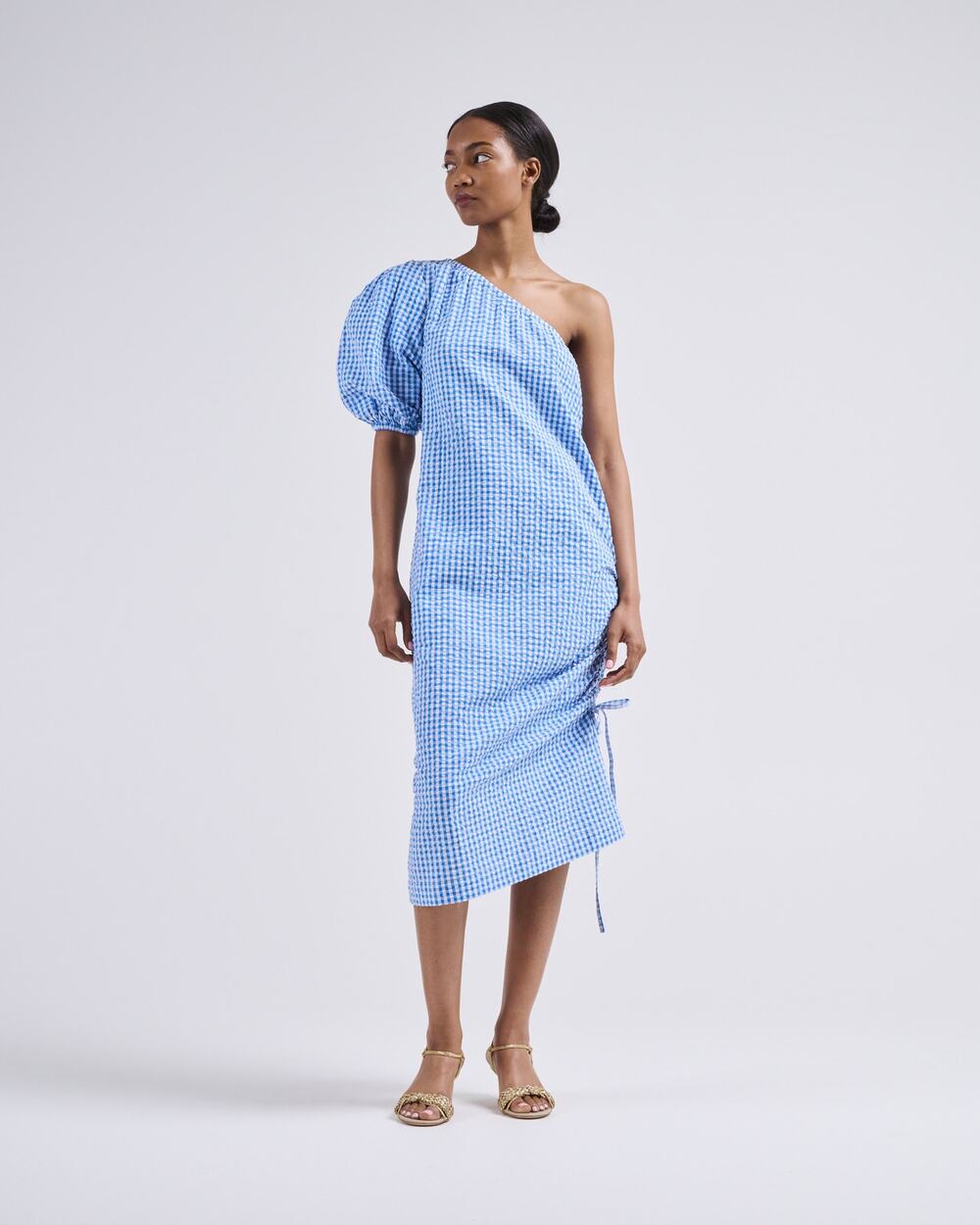 Rosie Assoulin One Shoulder Puff Sleeve Dress in Blue Gingham 4